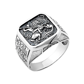 Срібна печатка чоловіча Георгій Переможець квадратна з чорнуванням і написами з боків