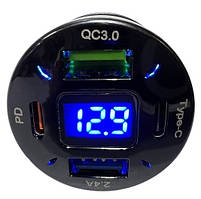 Автомобільне зарядне в прикурювач з вольтметром та швидкою зарядкою 12 - 24В на 2 USB + 2 Type-C QC 3.0, фото 3
