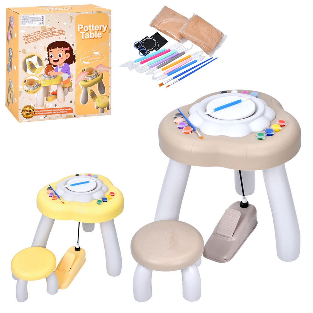 Набір для творчості 8821 гончарний круг (механічний), стіл, стільчик, глина, фарби, інстр., фартух, 2 кольори,, фото 1
