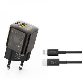 Мережевий зарядний пристрій XO CE05 GaN Technology 1 USB — 1 Type-C/PD30W+QC3.0 /18W Type-C to Lightning