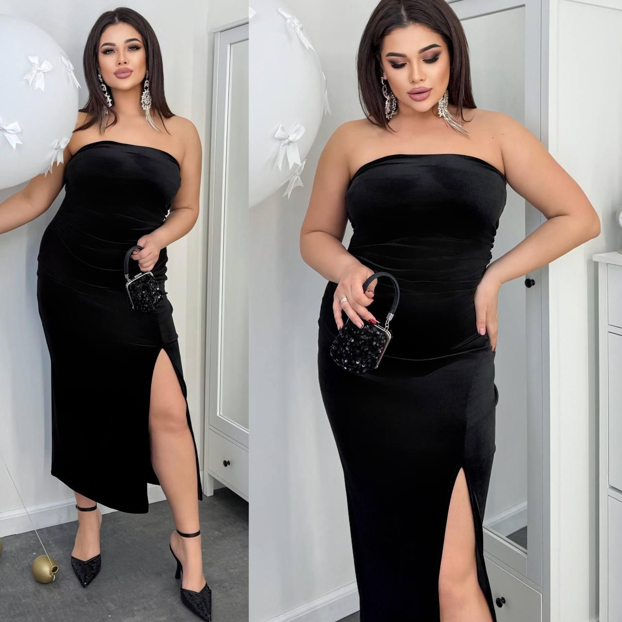 Спокуслива святкова велюрова сукня-бандо без рукавів, з глибоким розрізом по нозі, норма та батал, фото 1