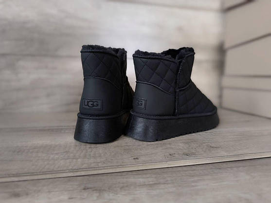 ЧОРНІ Уги UGG BLACK екошкіра зі стьобаним верхом низькі на високій платформі жіночі, фото 4