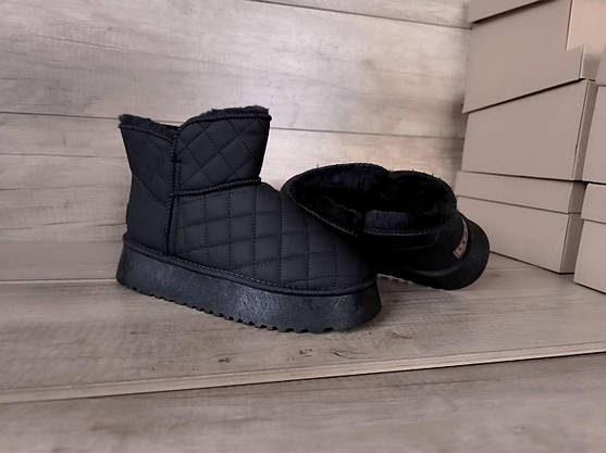 ЧЕРНЫЕ Угги UGG BLACK эко Кожа со стеганым верхом низкие на высокой платформе женские, фото 3