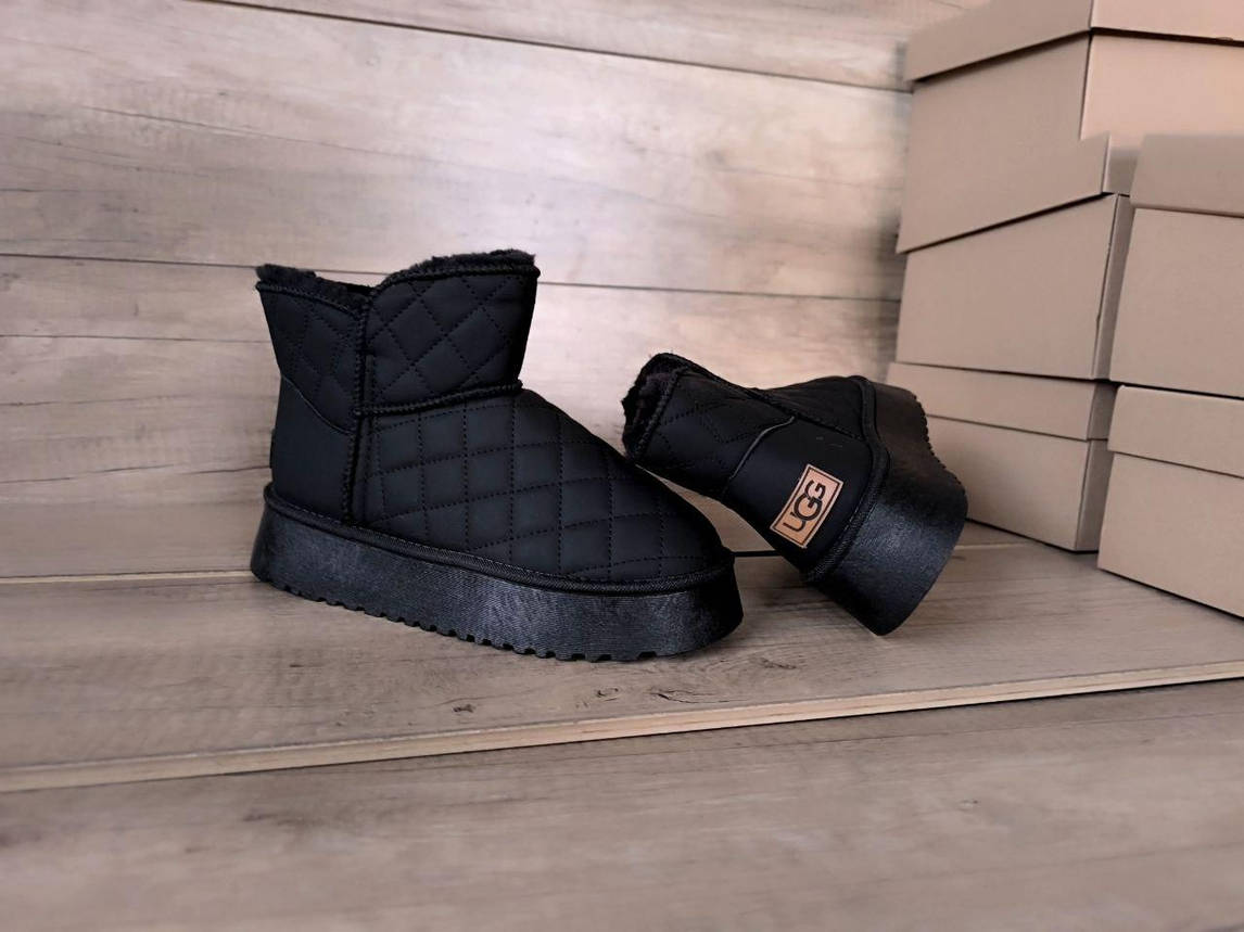 ЧЕРНЫЕ Угги UGG BLACK эко Кожа со стеганым верхом низкие на высокой платформе женские, фото 1