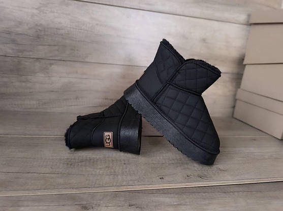 ЧЕРНЫЕ Угги UGG BLACK эко Кожа со стеганым верхом низкие на высокой платформе женские, фото 4