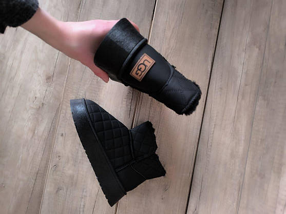 ЧЕРНЫЕ Угги UGG BLACK эко Кожа со стеганым верхом низкие на высокой платформе женские, фото 5