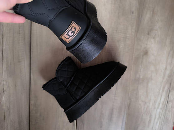 ЧЕРНЫЕ Угги UGG BLACK эко Кожа со стеганым верхом низкие на высокой платформе женские, фото 6