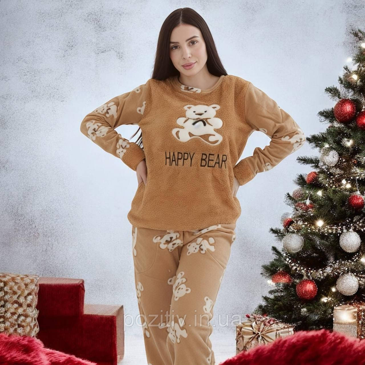 Тепла піжама жіночий зимовий костюм для дому та сну штани з кофтою фліс із махрою SNC, фото 1