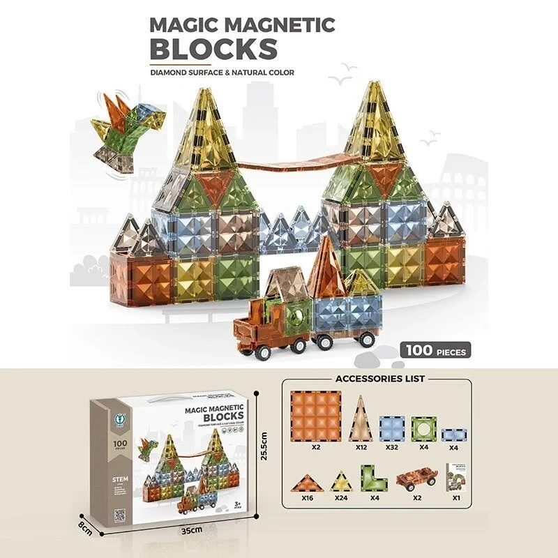 Магнітний конструктор Magnetic на 100 деталей, платформи з колесами, фото 1