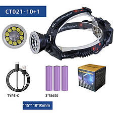 Ліхтар налобний CT021 10+1 ULTRA LED, 3x18650, power bank, ЗУ Type-C, фото 3