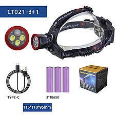 Ліхтар налобний CT021 3+1 ULTRA LED, 3x18650, power bank, ЗУ Type-C, фото 3