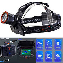 Ліхтар налобний CT021 3+1 ULTRA LED, 3x18650, power bank, ЗУ Type-C, фото 5