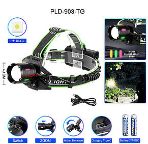 Ліхтар налобний PLD-903-TG, night vision fluorescence, 1 режим, ЗУ Type-C, zoom, фото 4