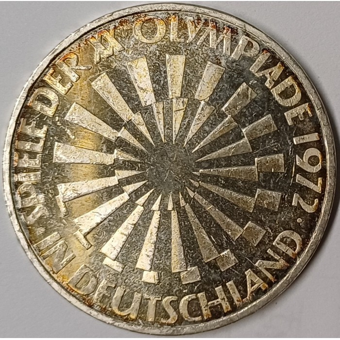 Німеччина 10 марок, 1972 XX літні Олімпійські Ігри, Мюнхен 1972 - Емблема срібло 15.5 гр №2491