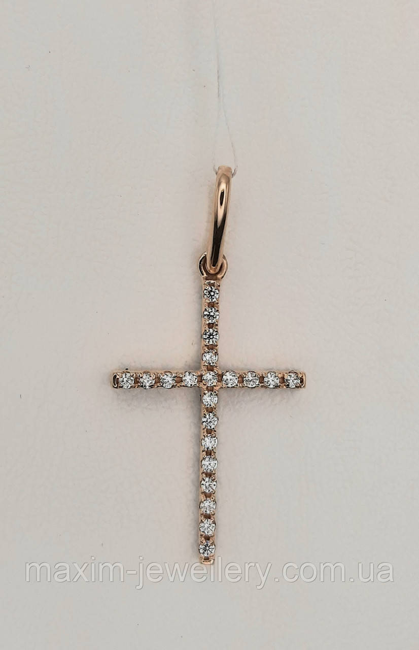 Хрест двосторонній з чорним та білим цирконієм в червоному золоті, фото 1