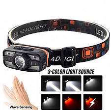 Ліхтар налобний WH-0188-XPE+SMD(white+red), Motion Sensor, ЗУ Type-C, фото 3