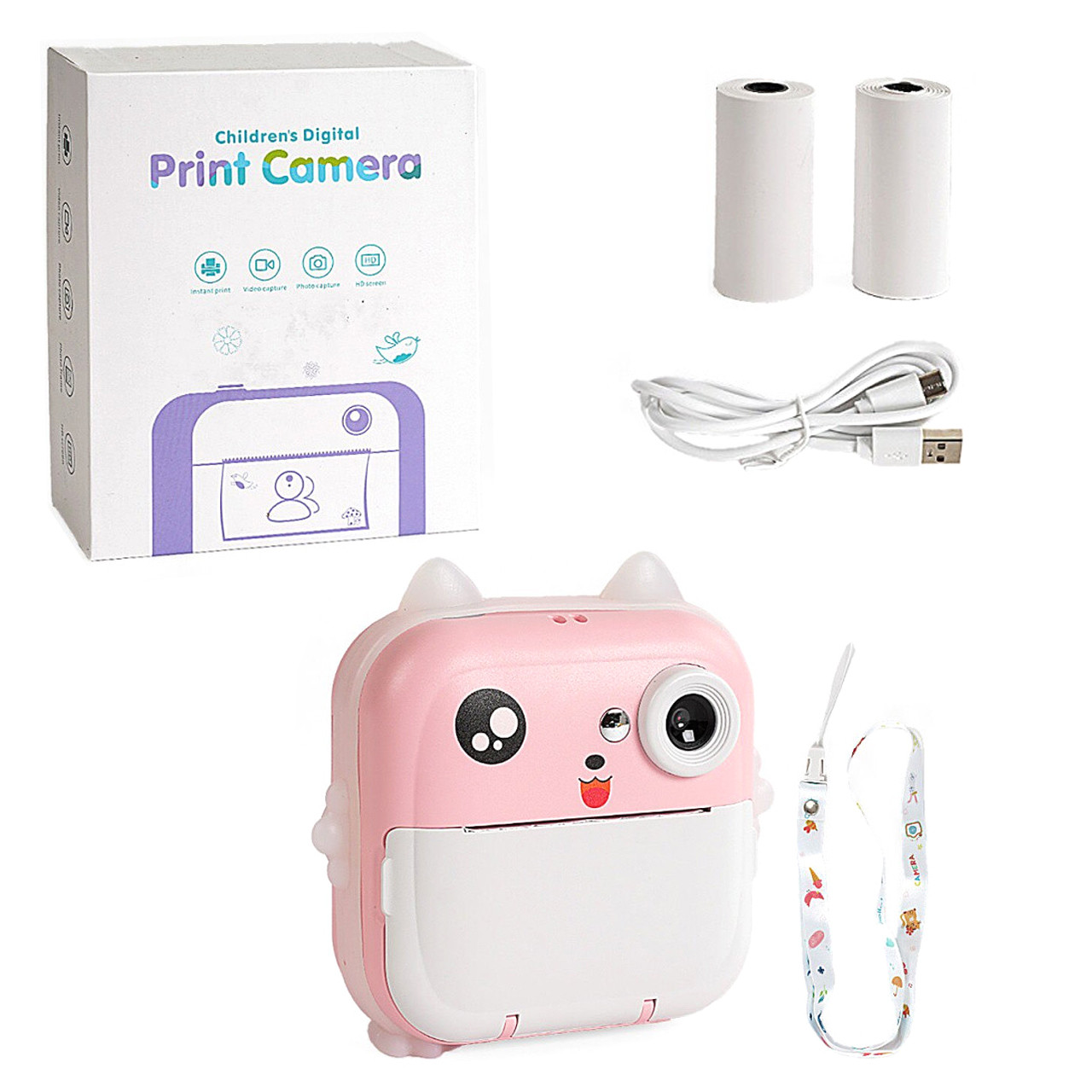 Дитячий фотоапарат-принтер рожевий кольоровий екран ігри відеозапис чорно-білий друк (C64270), фото 1