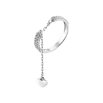 Срібна каблучка з ланцюжком маленьке сердечко з білими фіанітами