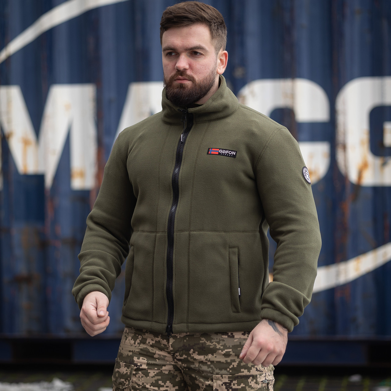 Куртка флісова чоловіча Grifon Осло двохсторонній фліс хаки-чорний (M-ХXL), фото 1