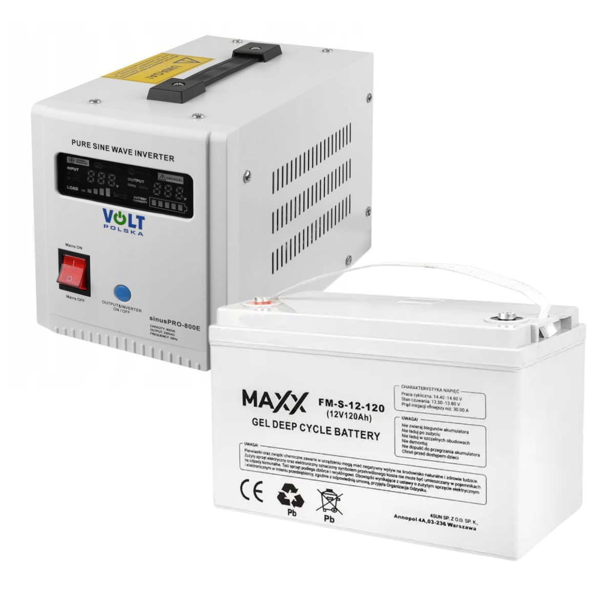 Аварійний комплект живлення: інвертор Volt Polska SINUS PRO 800 E та гелевий акумулятор 4SUN MAXX GEL 120Ah