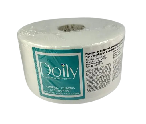 Комірець-серветка для перукарів у рулоні, 7х50 см, спанлейс, гладка текстура, Doily (100 шт./рул.)