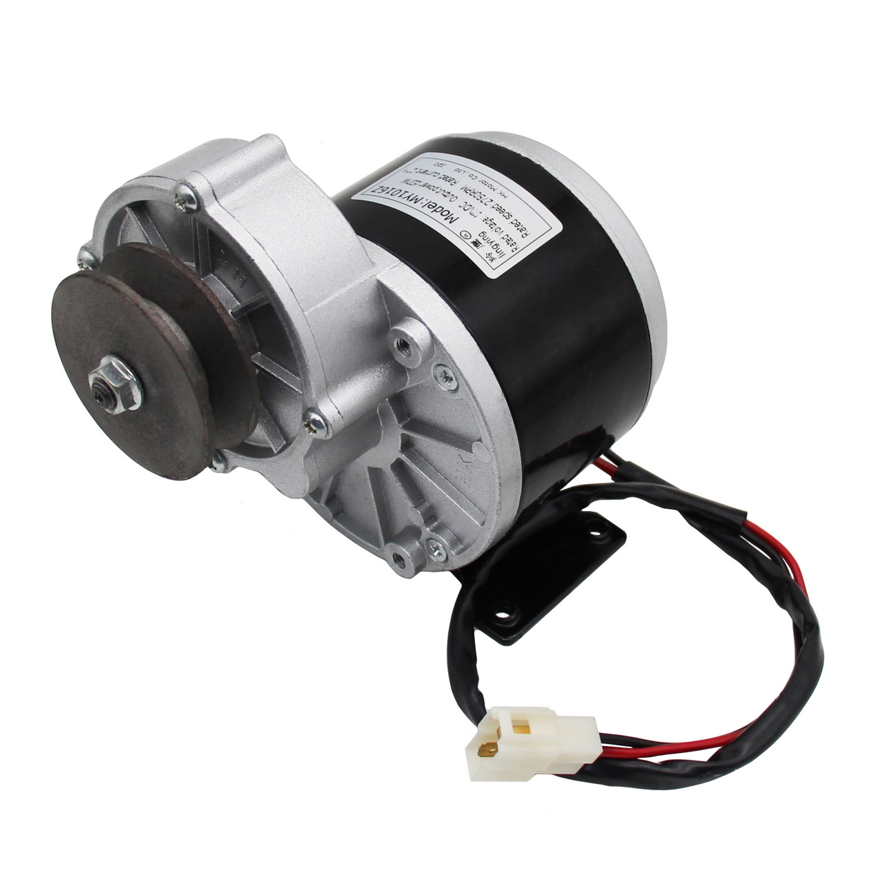 Електричний колекторний двигун MY1016Z 36V 350W з редуктором, з ніжками, довгий вал, зі шківом