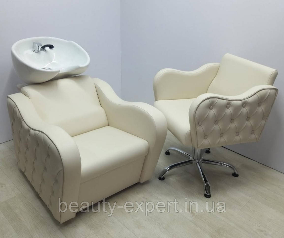 Шикарний комплект меблів для перукарні 2в1 Ketrin Strong LUX декорований гудзиками WHITE