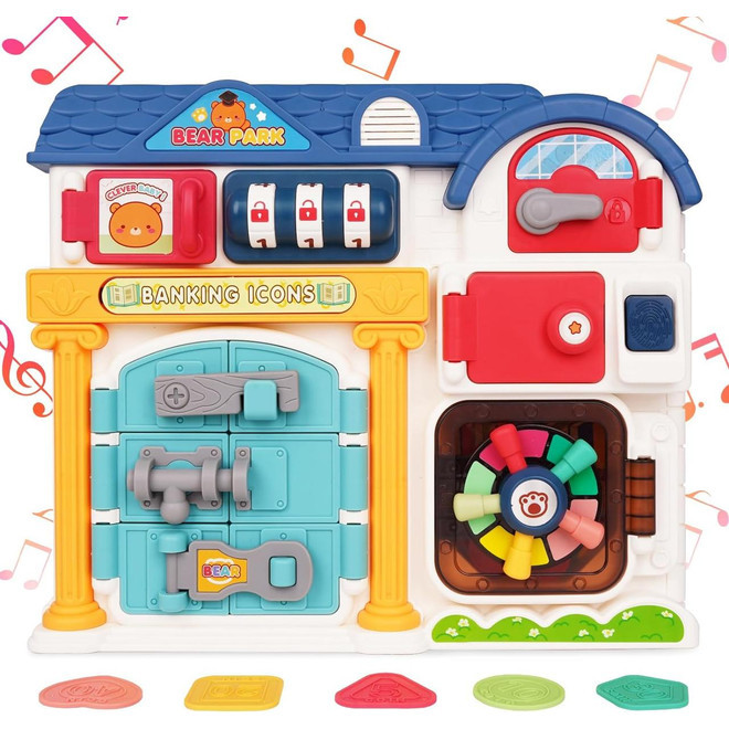 Розвиваюча іграшка бізіборд Ігровий будиночок з сейфом замками Монтессорі вивчення кольорів форм підсвічування звуки, фото 1