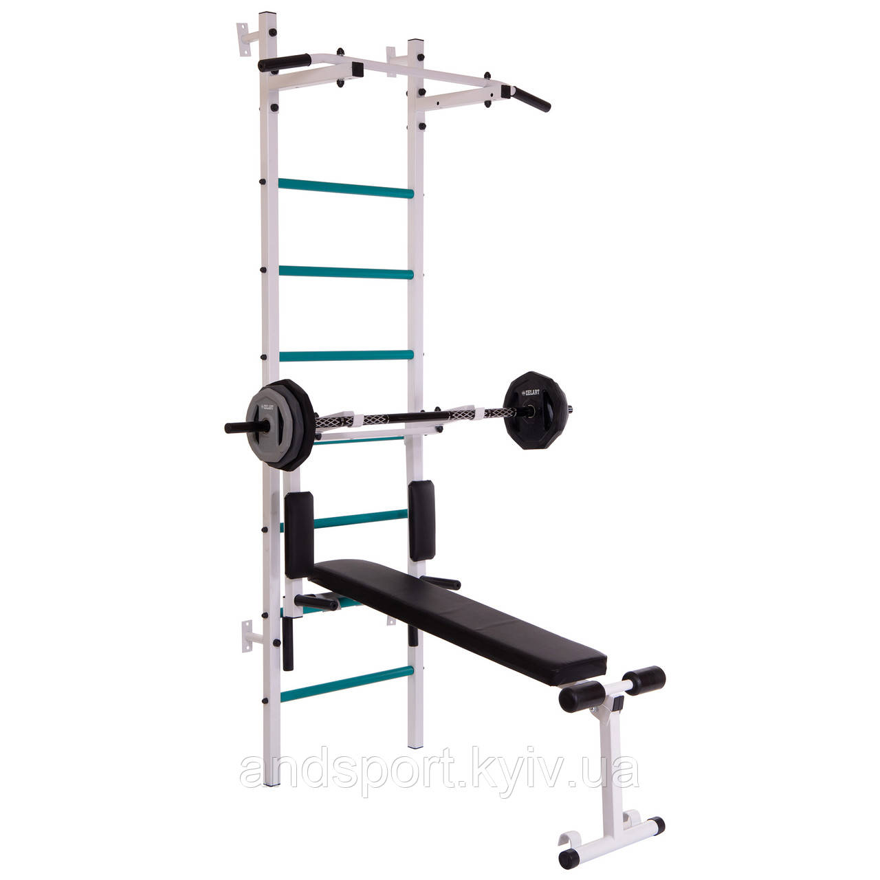 Шведська стінка-стійка з турніком, брусами, лавою для преса і спини SP-Planeta Лідер L-6783 сталь білий Код