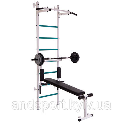 Шведська стінка-стійка з турніком, брусами, лавою для преса і спини SP-Planeta Лідер L-6783 сталь білий Код, фото 1