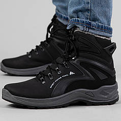 Черевики чоловічі зимові високі на шнурках з хутром чорні на сірій підошві