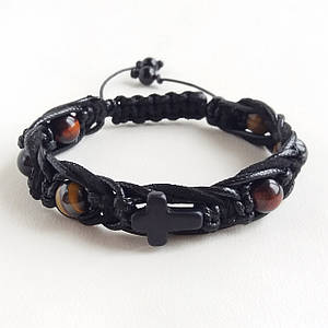 Браслет з Тигрового Соколиного та Бичачого очей з Хрестом плетений d 8мм