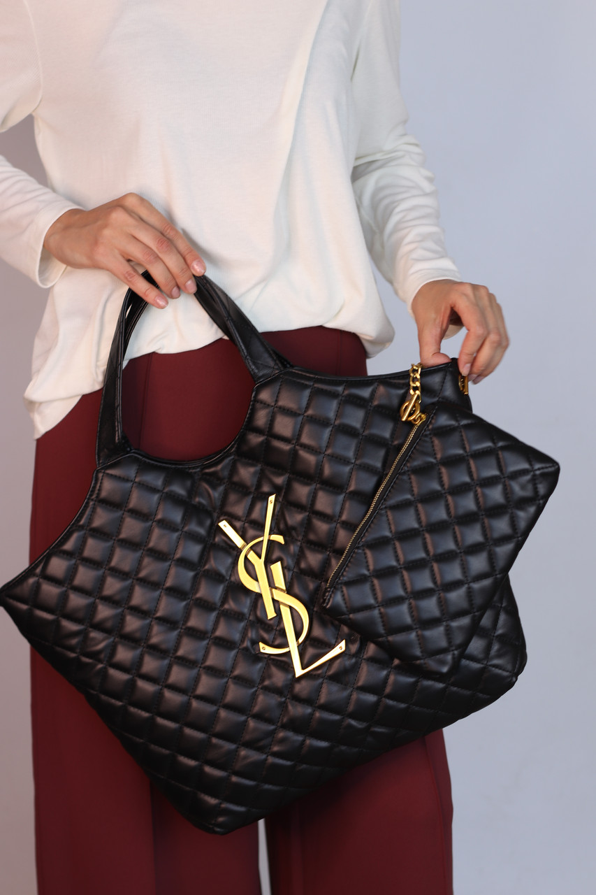 Велика вмістка сумка шопер YSL жіноча з косметичкою шкіряна сен лоран чорного кольору з гаманцем для дрібниць