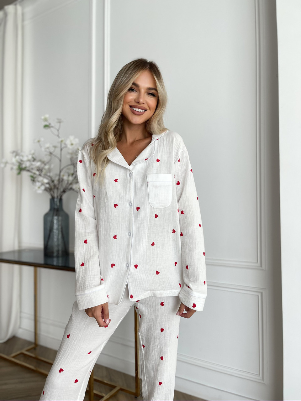 Піжама з мусліну XL Біла в червоні серця