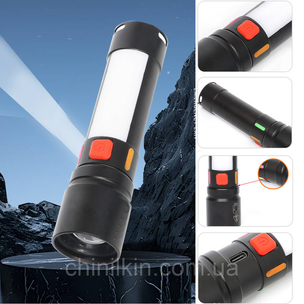 Ліхтарик 611-TG+COB (White+red), Li-Ion акумулятор, ЗП Type-C, zoom, фото 1