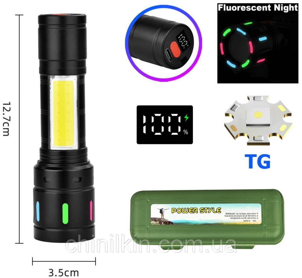 Ліхтарик Night Vision fluorescence BL-627-TG+COB, Li-Ion акумулятор, індикація заряда, ЗП Type-C, zoom, фото 1