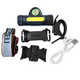 Ліхтарик налобний + велоліхтарь 872-XPE+COB (ЗП micro USB, вбудований акумулятор, диммер, магніт), фото 2