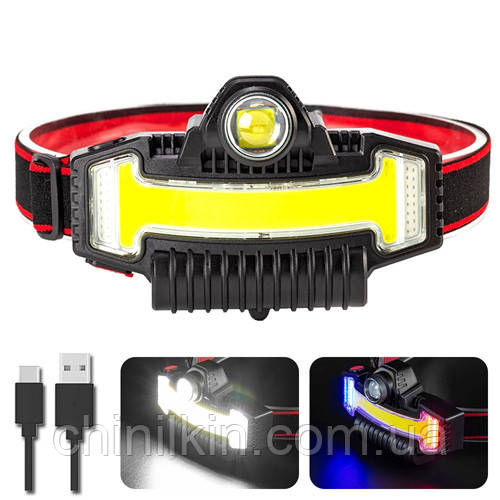 Ліхтарик налобний BL-W685-LTS+COB (White+ RGB), Li-Ion акумулятор, ЗУ Type-C, фото 1