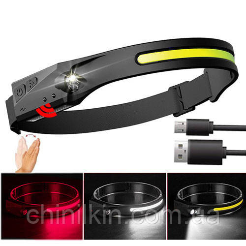 Ліхтарик налобний BL-W689-1/5808А-LM+COB(White+red), Motion Sensor, Li-Ion акумулятор, ЗУ Type-C, фото 1