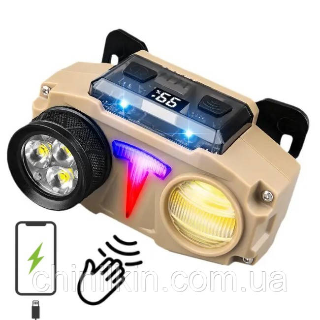 Ліхтарик налобний CH-8825-3P35+COB (White+Yellow)+RGB, Motion Sensor, Power Bank, Li-Ion акумулятор, індикація, фото 1
