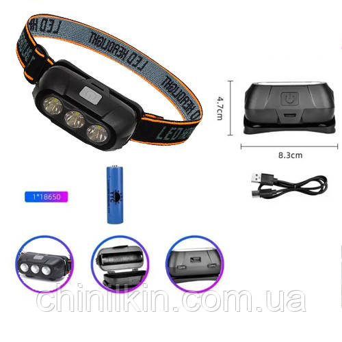 Ліхтарик налобний KX-214-3LED, 1x18650, ЗУ Type-C, фото 1