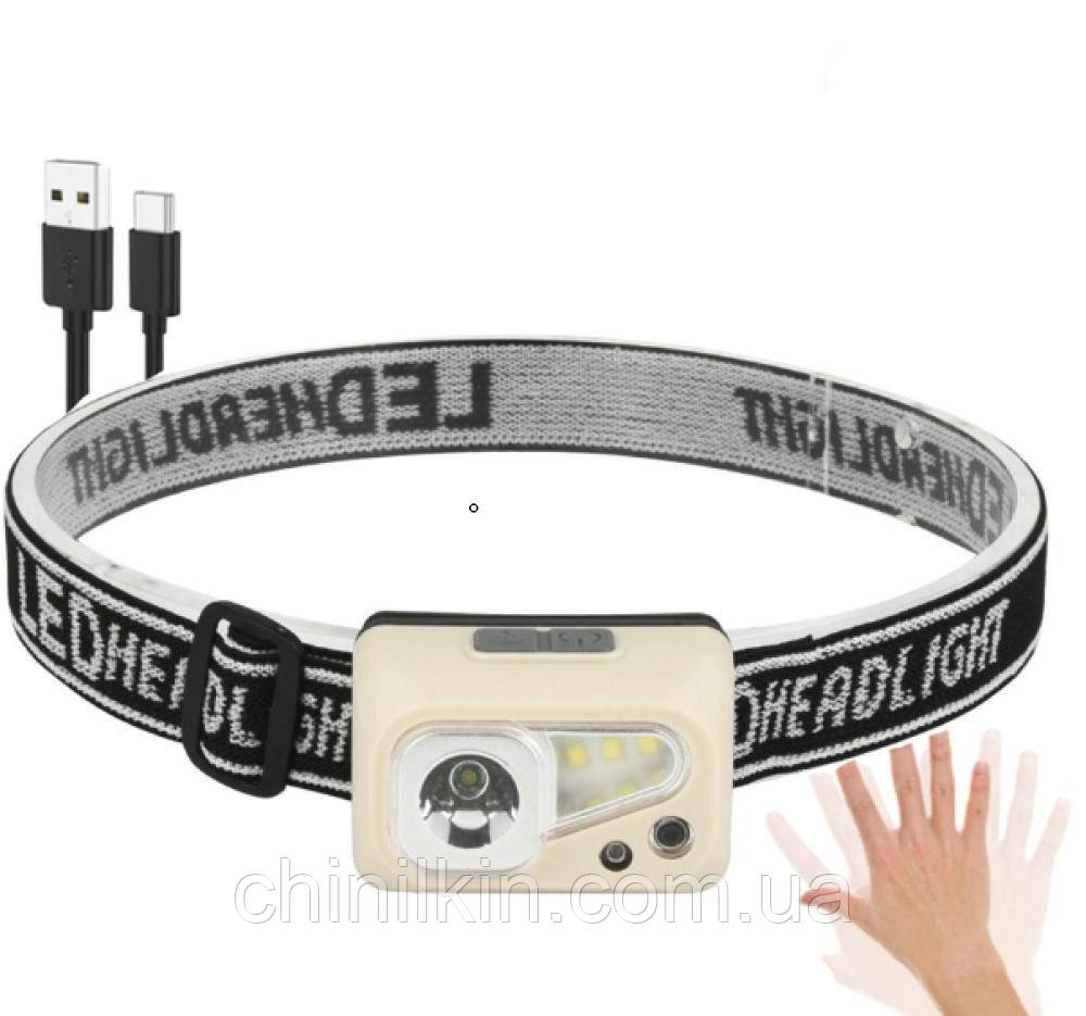 Ліхтарик налобний SH-S4-XPE+3SMD, Motion Sensor, вбудований акумулятор, ЗУ Type-C, фото 1