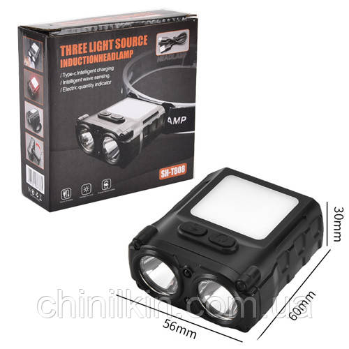 Ліхтарик налобний SH-T808-2XPE+20SMD (White+red), Motion Sensor, Li-Ion акумулятор, ЗУ Type-C, фото 1