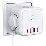 Безпечний трійник 3 гнізда, 220V, 3 USB-A/1 Type-C, із заземленням, захисні шторки