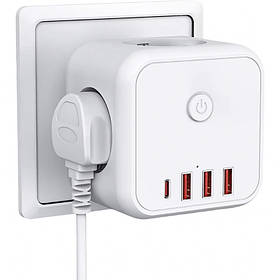 Безпечний трійник 3 гнізда, 220V, 3 USB-A/1 Type-C, із заземленням, захисні шторки