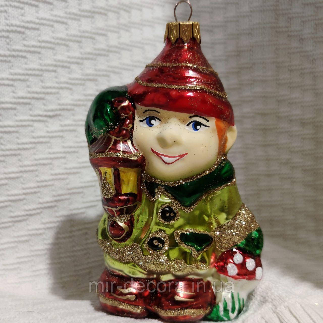 Формова скляна іграшка Гном із ліхтариком, фото 1