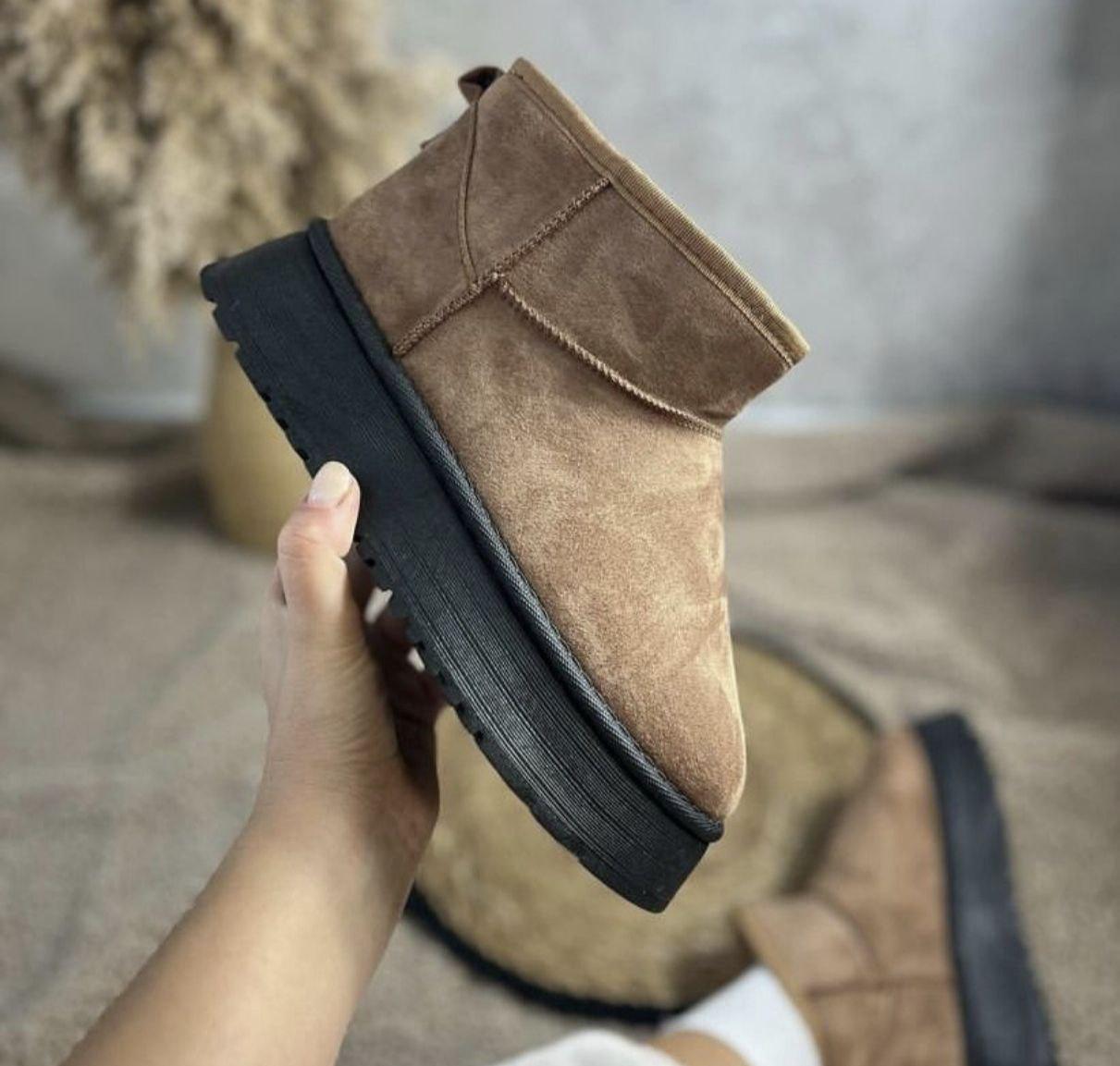 Угги ботиночки РЫЖИЕ CAMEL короткие на высокой подошве черного цвета утепленые женские зимние