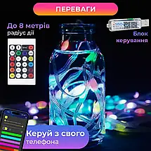 Розумна Smart гірлянда на 200 LED з керуванням зі смартфона прозорий дріт довжина 2 м колір світіння, фото 3