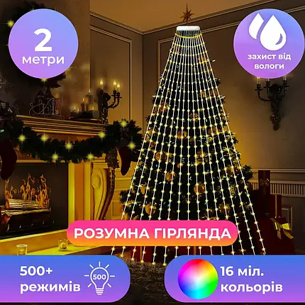 Розумна Smart гірлянда на 200 LED з керуванням зі смартфона прозорий дріт довжина 2 м колір світіння, фото 1