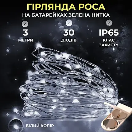 Гірлянда Роса зелена нитка довжина 3 м на 30 LED на батарейках колір світіння білий, фото 1